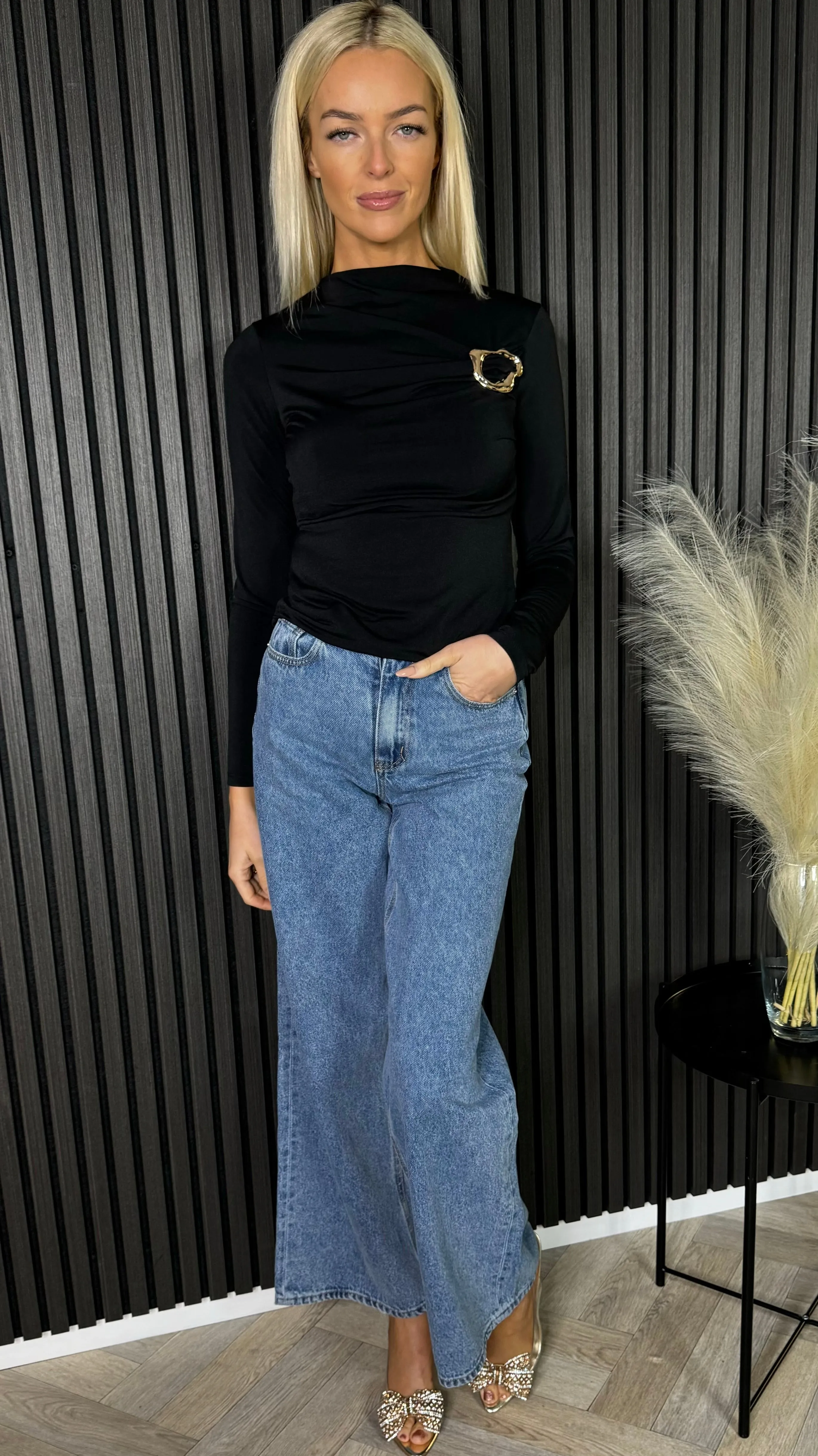 Dova Black High Neck Buckle Detail Top