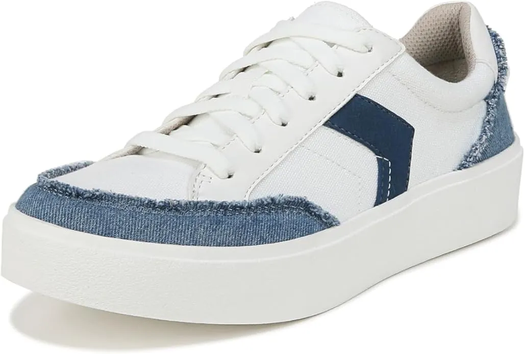 Dr. Scholl's Madison White/Blue Denim Lace Up Round Toe Low Top Fashion Sneakers