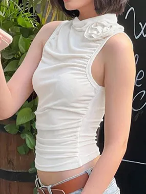Draped High Neck Trendy Rose Decoration Tank Top