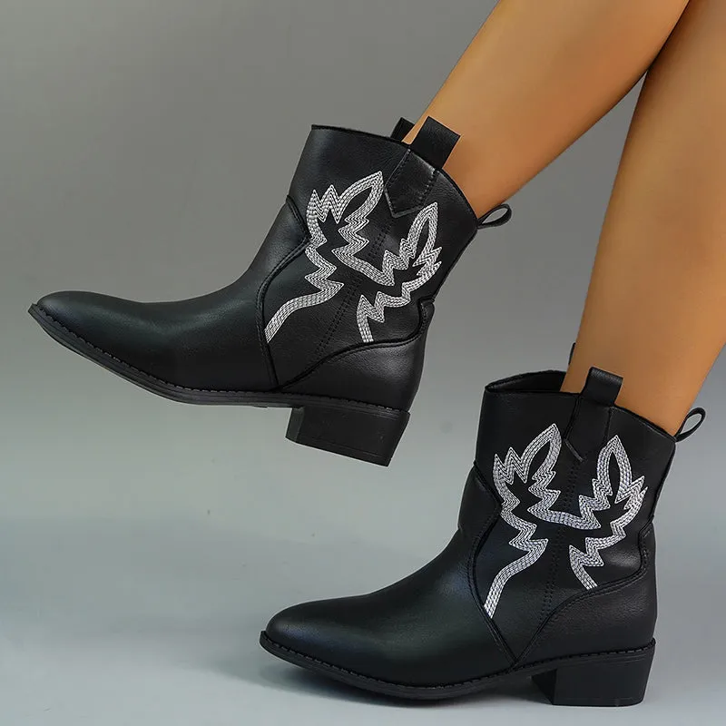 Embroidered cowboy boots England style medium chunky heel short boots
