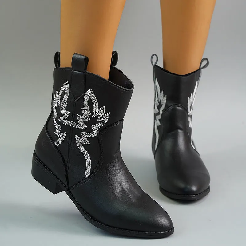 Embroidered cowboy boots England style medium chunky heel short boots