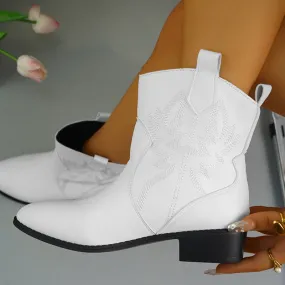 Embroidered cowboy boots England style medium chunky heel short boots