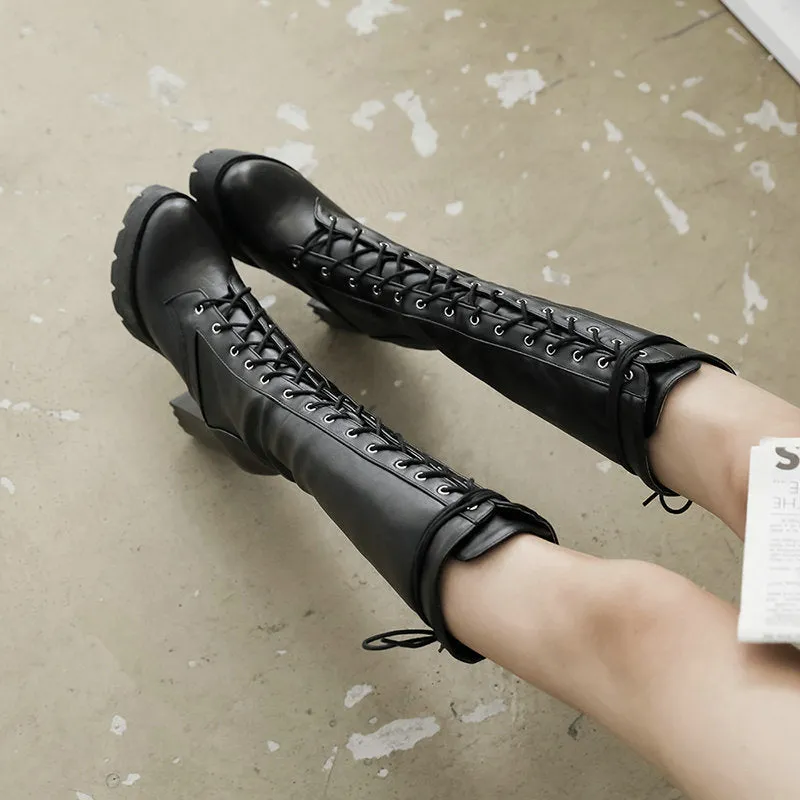 Faux leather chunky platform high heels mid calf combat boots