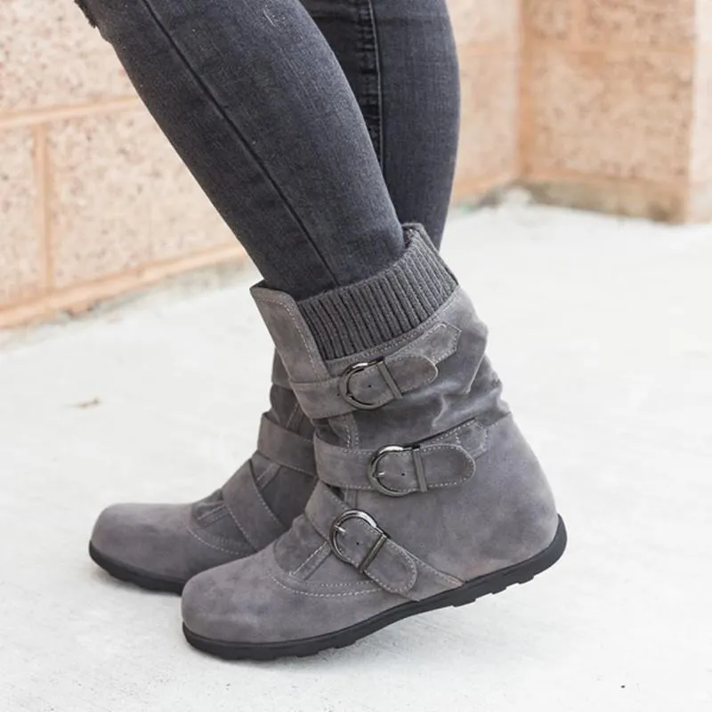 Faux suede mid calf buckle boots for women winter boots
