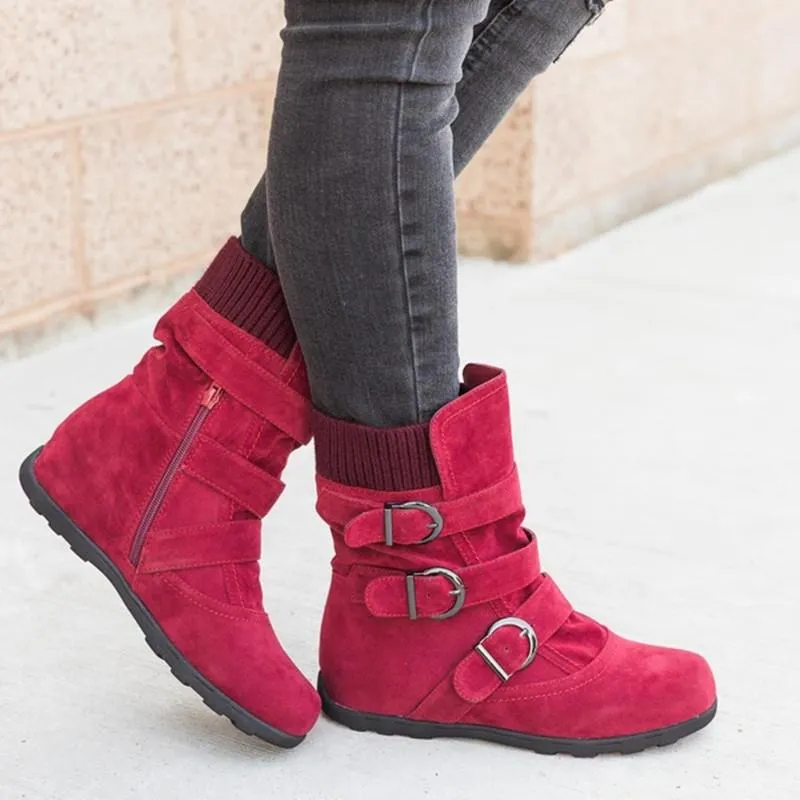 Faux suede mid calf buckle boots for women winter boots