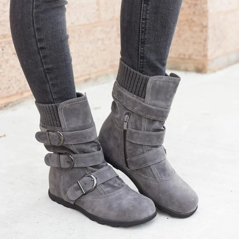 Faux suede mid calf buckle boots for women winter boots