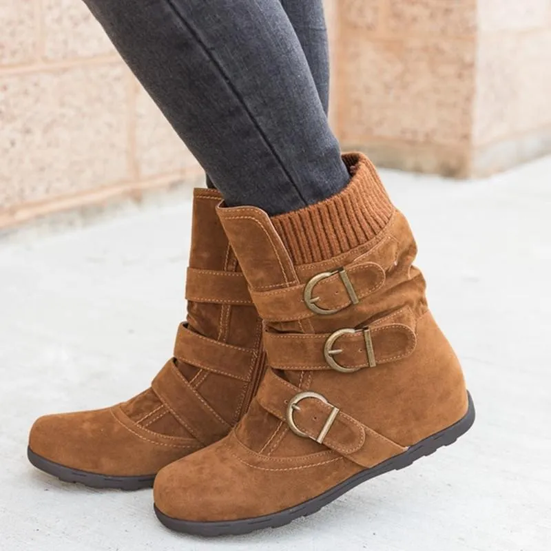 Faux suede mid calf buckle boots for women winter boots