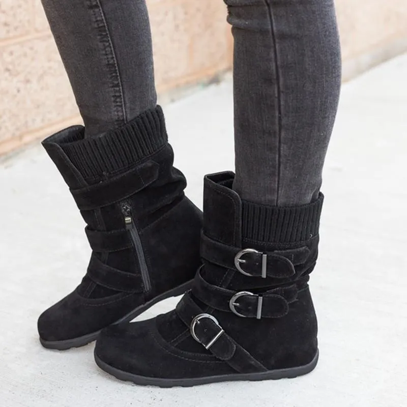 Faux suede mid calf buckle boots for women winter boots