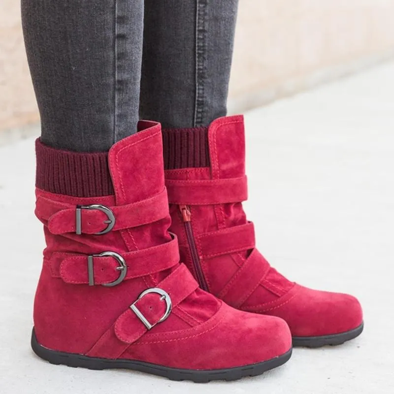 Faux suede mid calf buckle boots for women winter boots