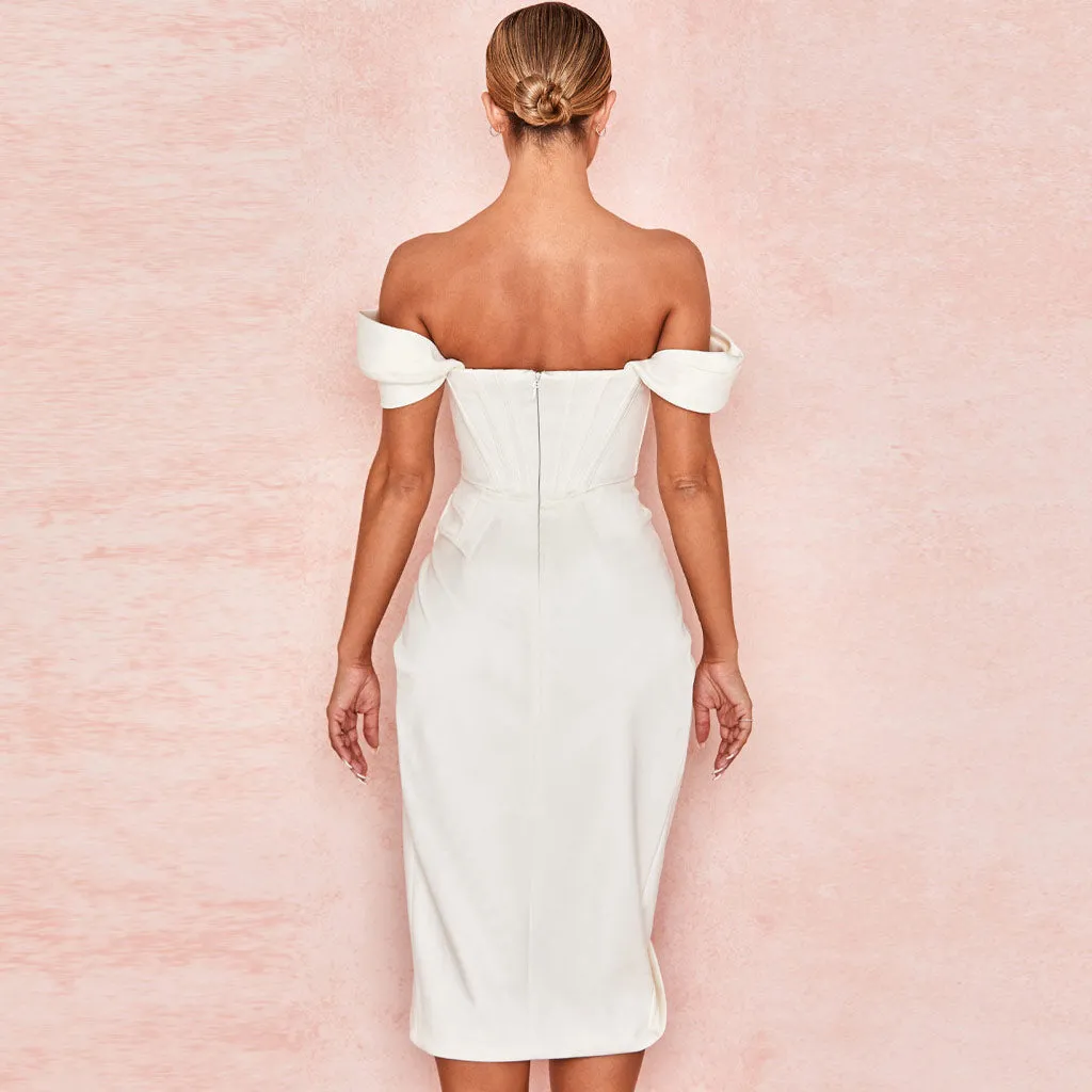 Flytonn- Silky Satin Off Shoulder High Slit Drape Corset Midi Dress - White