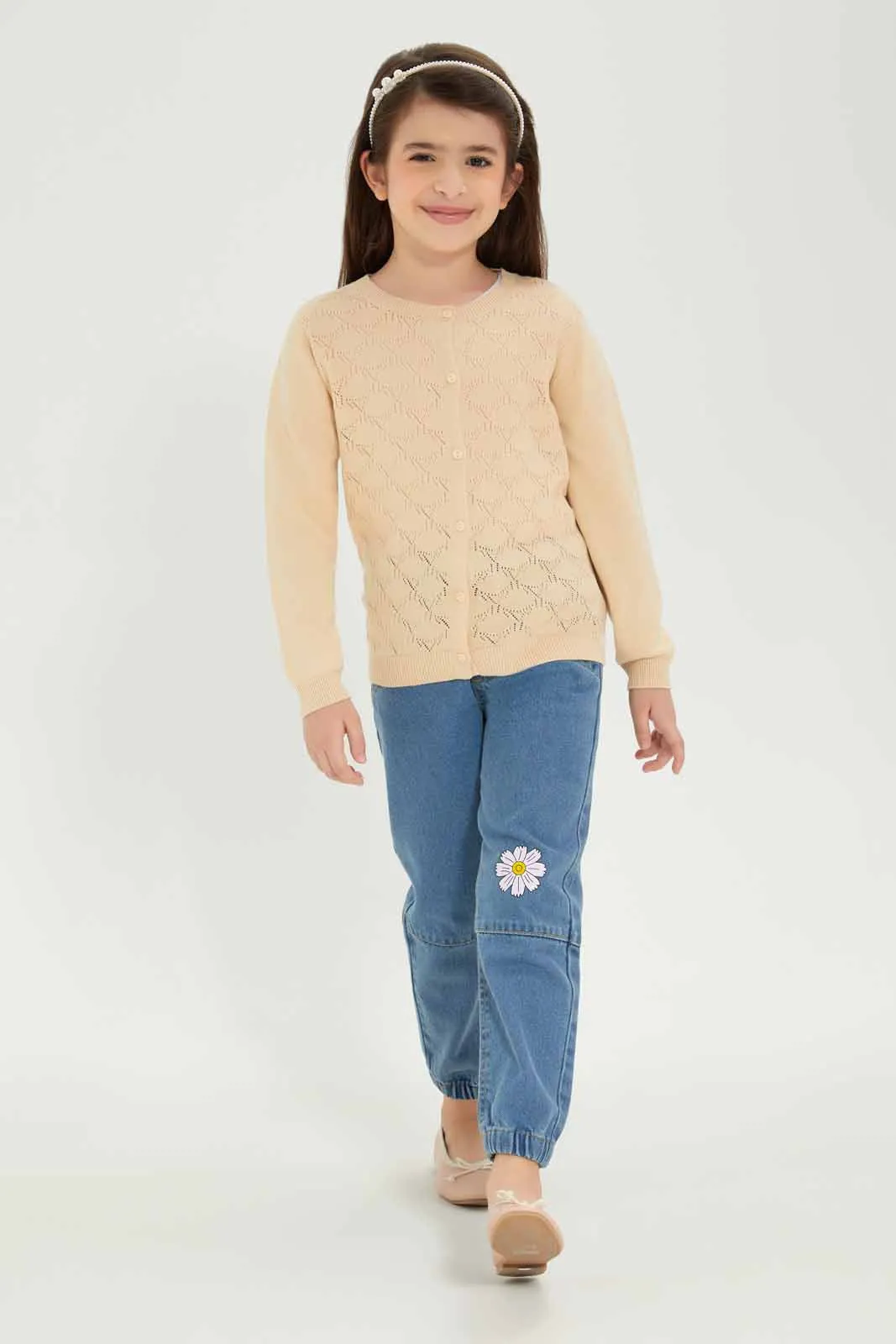 Girls Beige Jacquard Cardigan
