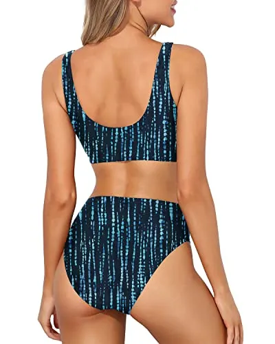 High Cut Sporty Bikini Crop Top High Waisted Bottoms-Blue Tie Dye