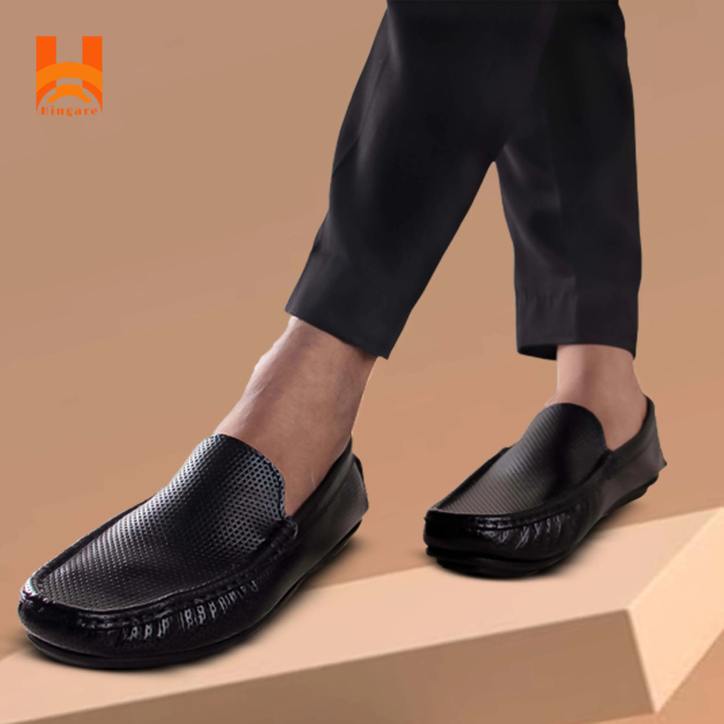 Hingare Genuine Leather Men's Shoes Textured Print Casual Slip On Loafers