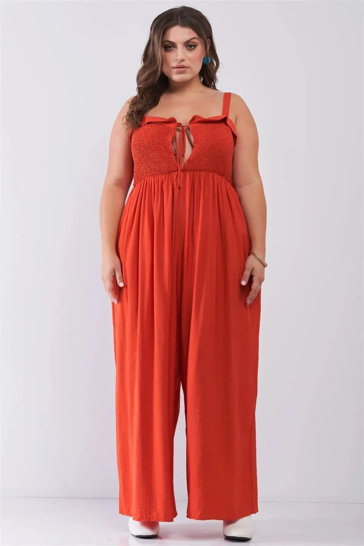 Junior Plus Red Sleeveless Smocked Self-Tie Neckline High-Waisted Very Wide Leg Jumpsuit /2-2-2