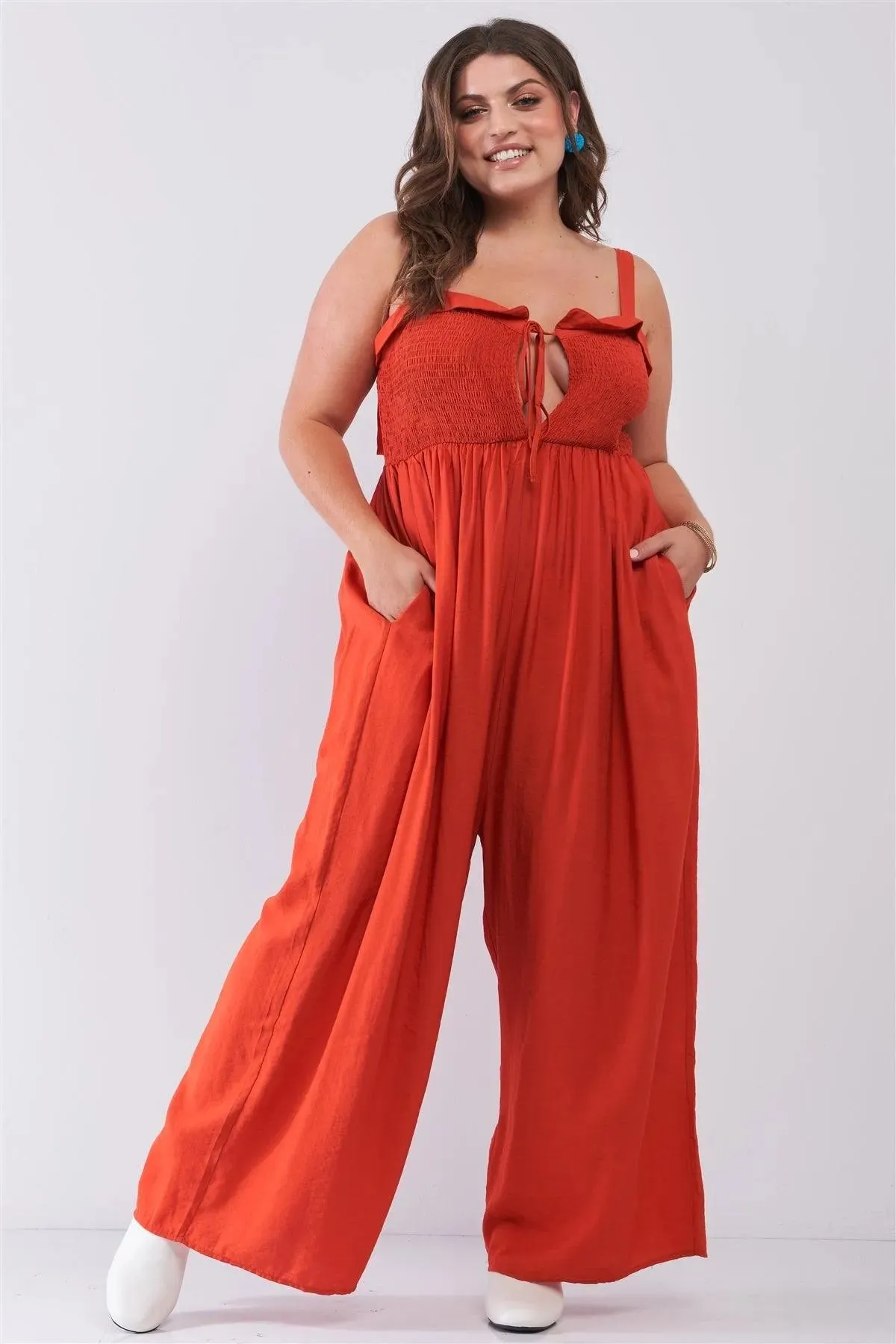 Junior Plus Red Sleeveless Smocked Self-Tie Neckline High-Waisted Very Wide Leg Jumpsuit /2-2-2