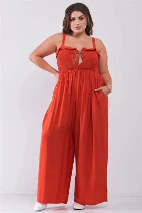 Junior Plus Red Sleeveless Smocked Self-Tie Neckline High-Waisted Very Wide Leg Jumpsuit /2-2-2