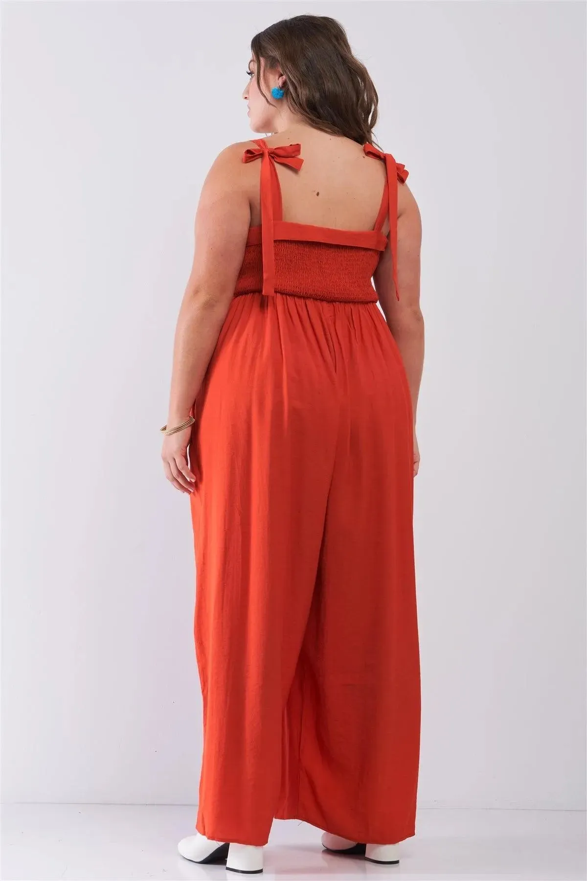 Junior Plus Red Sleeveless Smocked Self-Tie Neckline High-Waisted Very Wide Leg Jumpsuit /2-2-2
