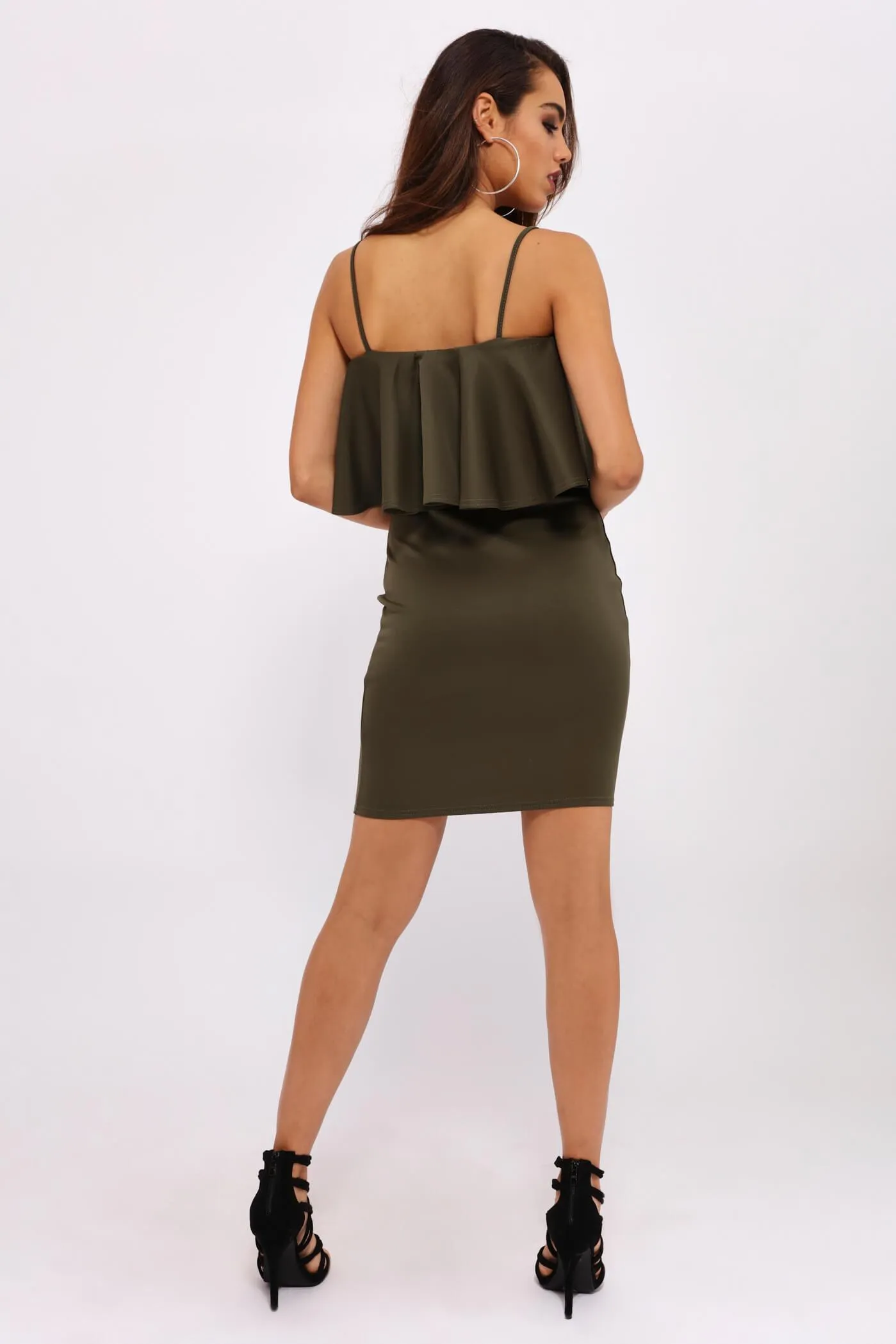 Khaki Strappy Frill Bodycon Dress