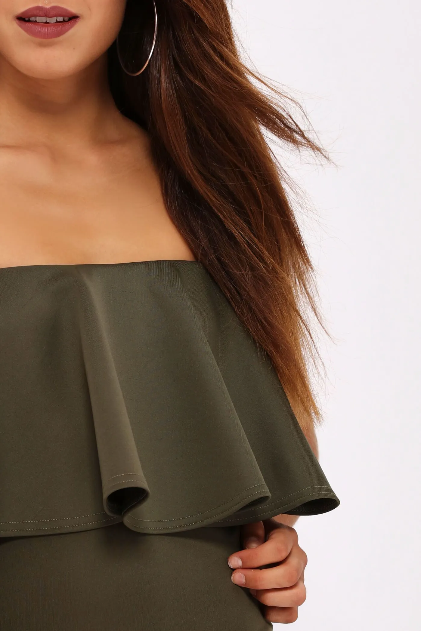 Khaki Strappy Frill Bodycon Dress