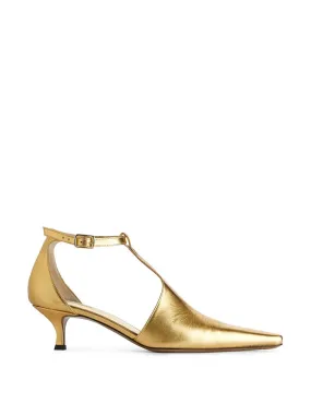 Kitten heel gold leather pumps