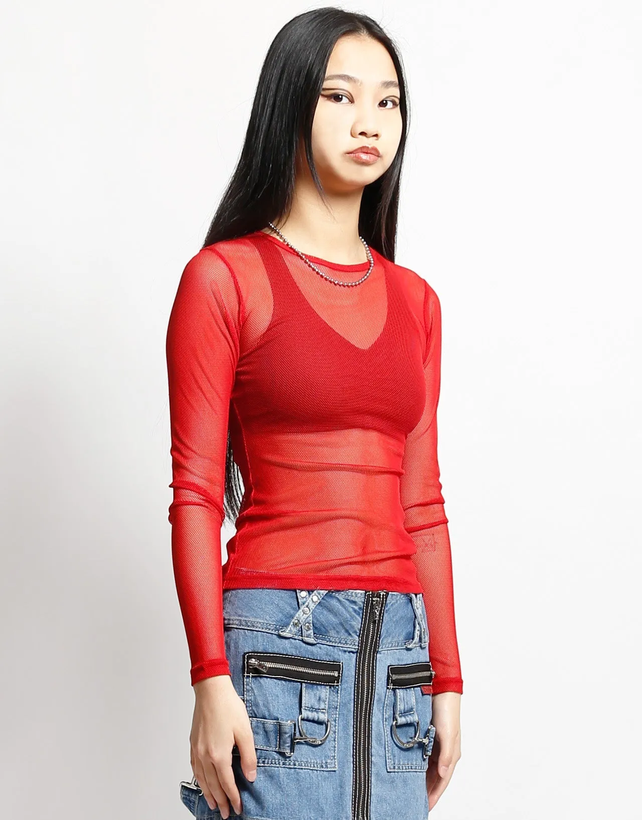 LADIES LONG SLEEVE FISHNET RED