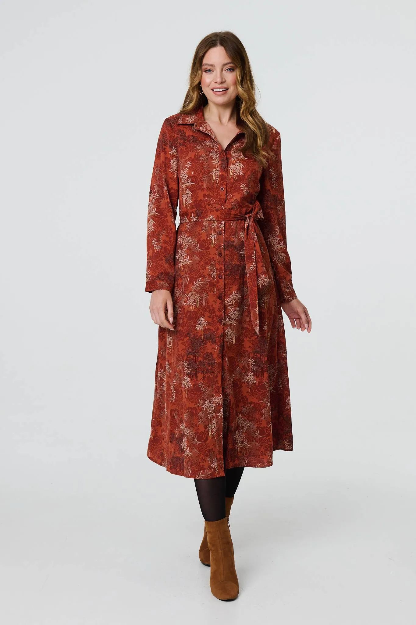 Leaf Print Tie Waist Midi Shirt Dress