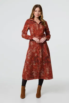 Leaf Print Tie Waist Midi Shirt Dress