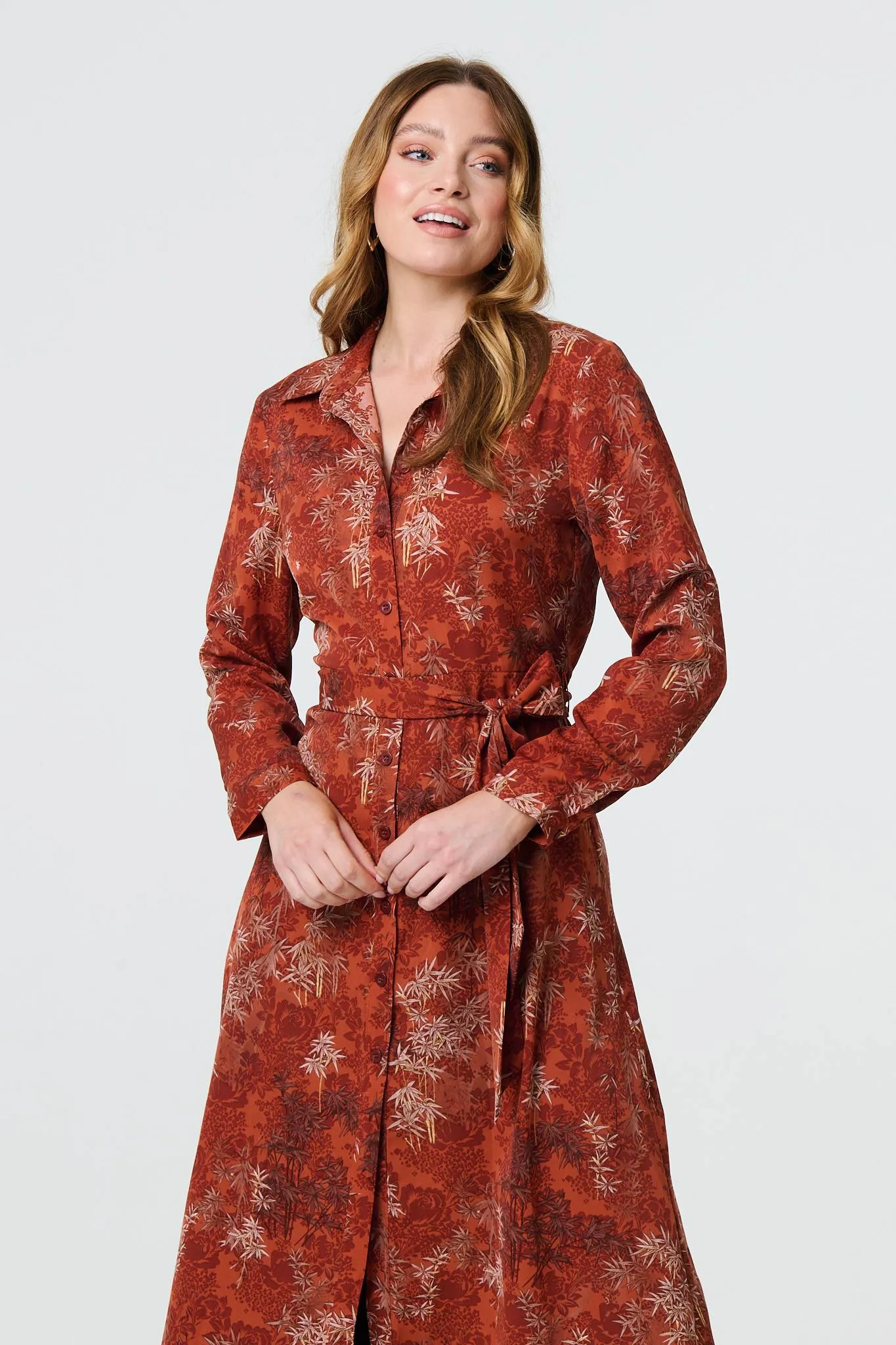 Leaf Print Tie Waist Midi Shirt Dress
