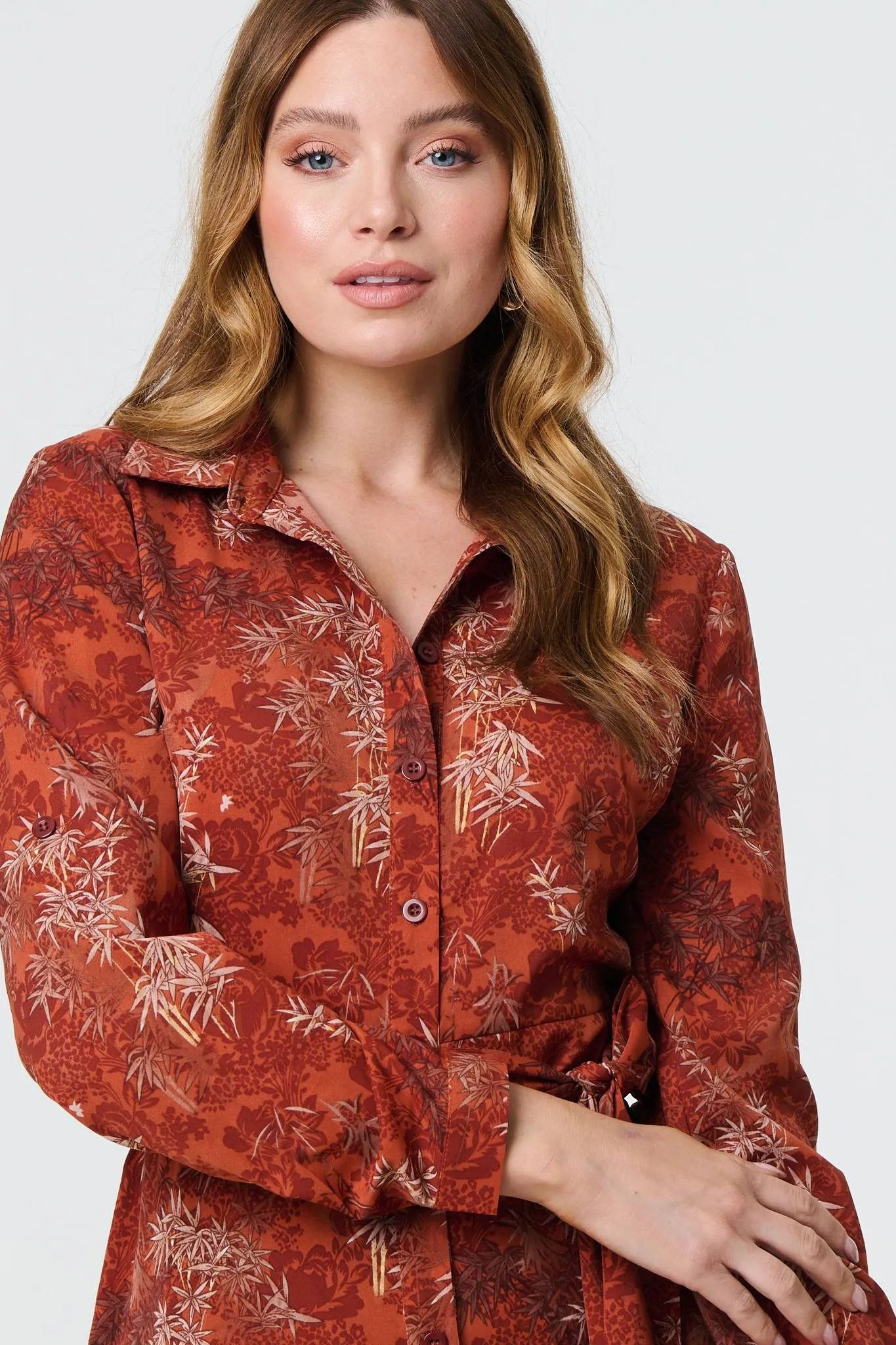 Leaf Print Tie Waist Midi Shirt Dress