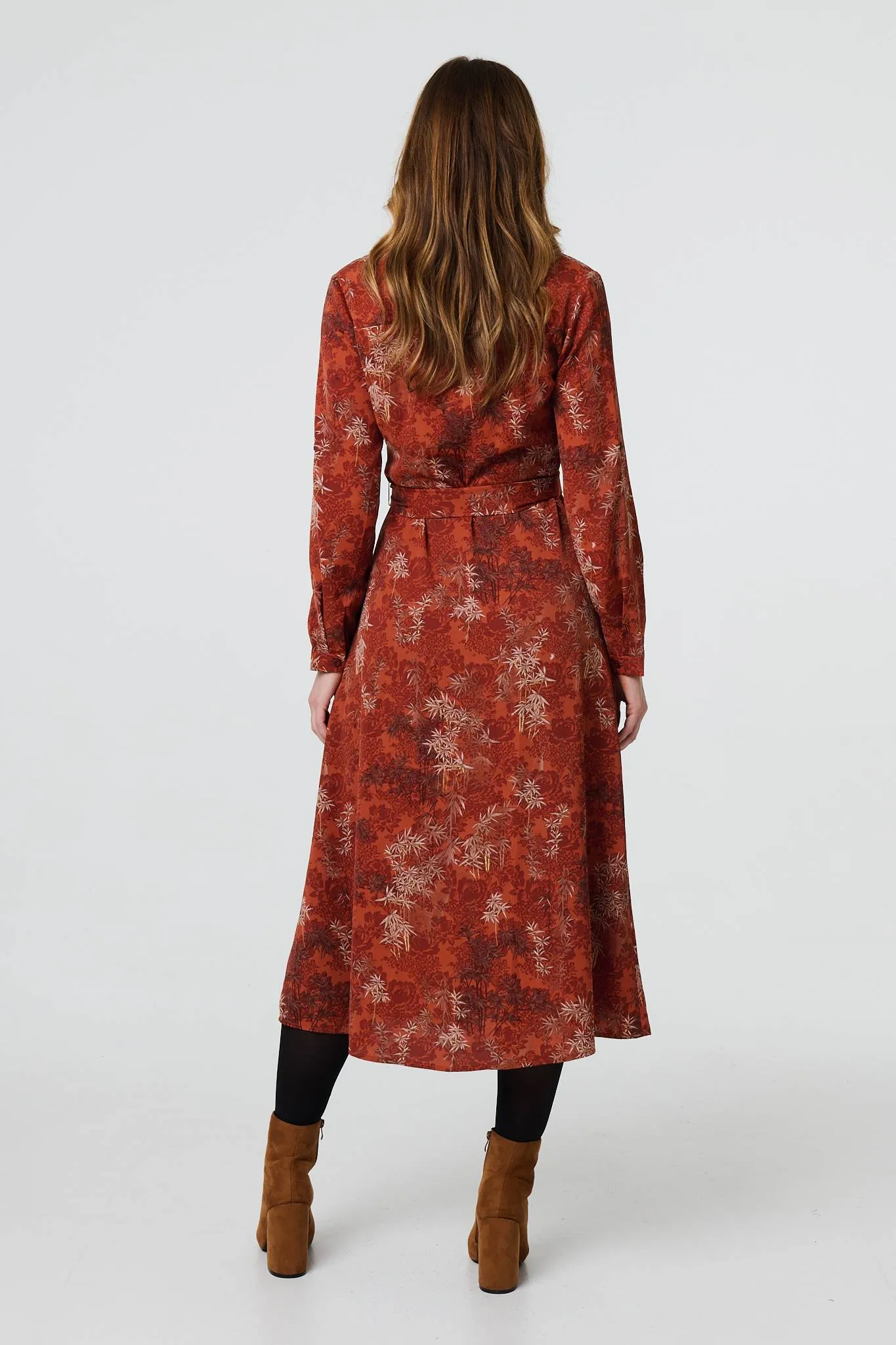 Leaf Print Tie Waist Midi Shirt Dress