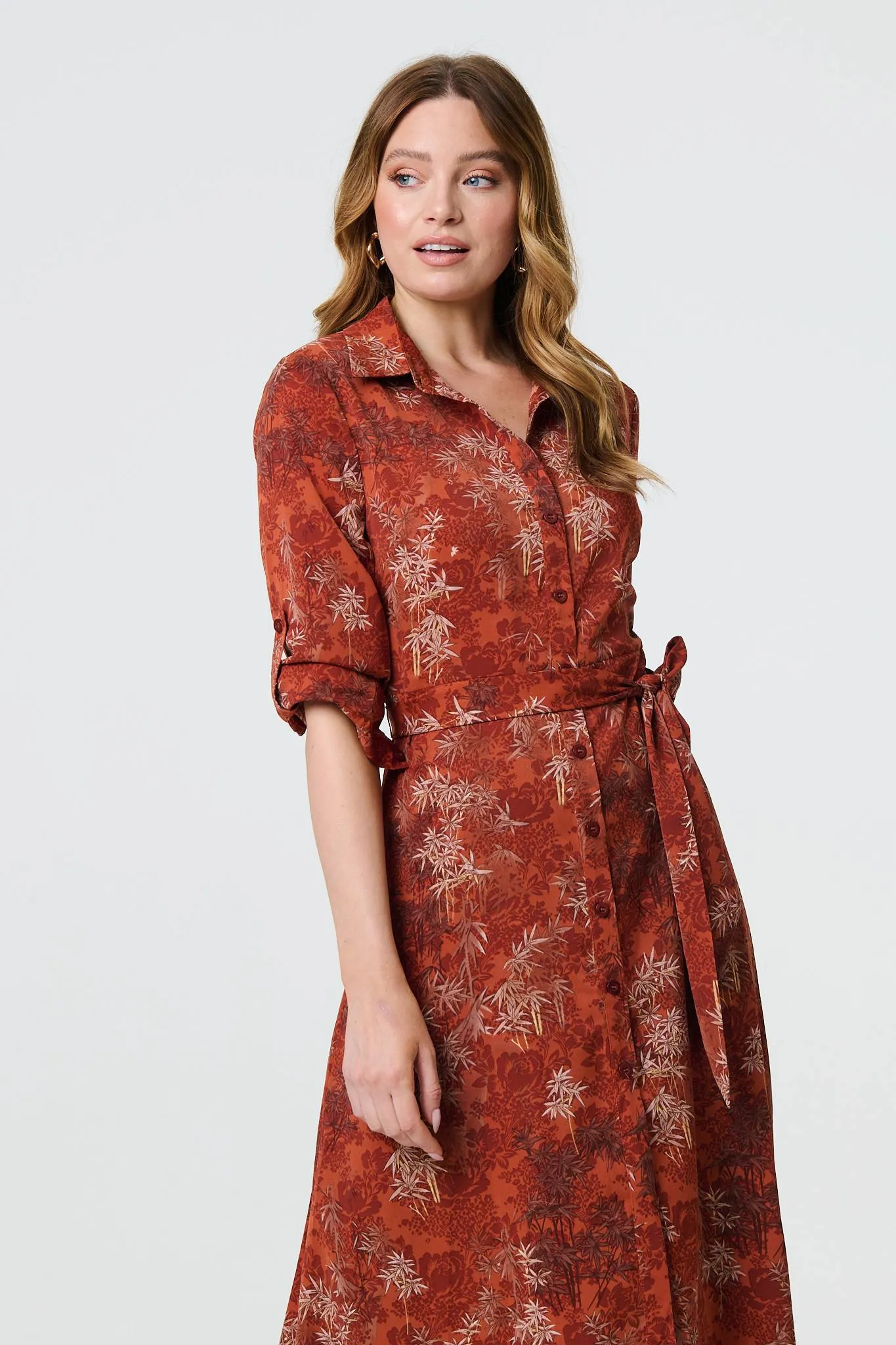 Leaf Print Tie Waist Midi Shirt Dress