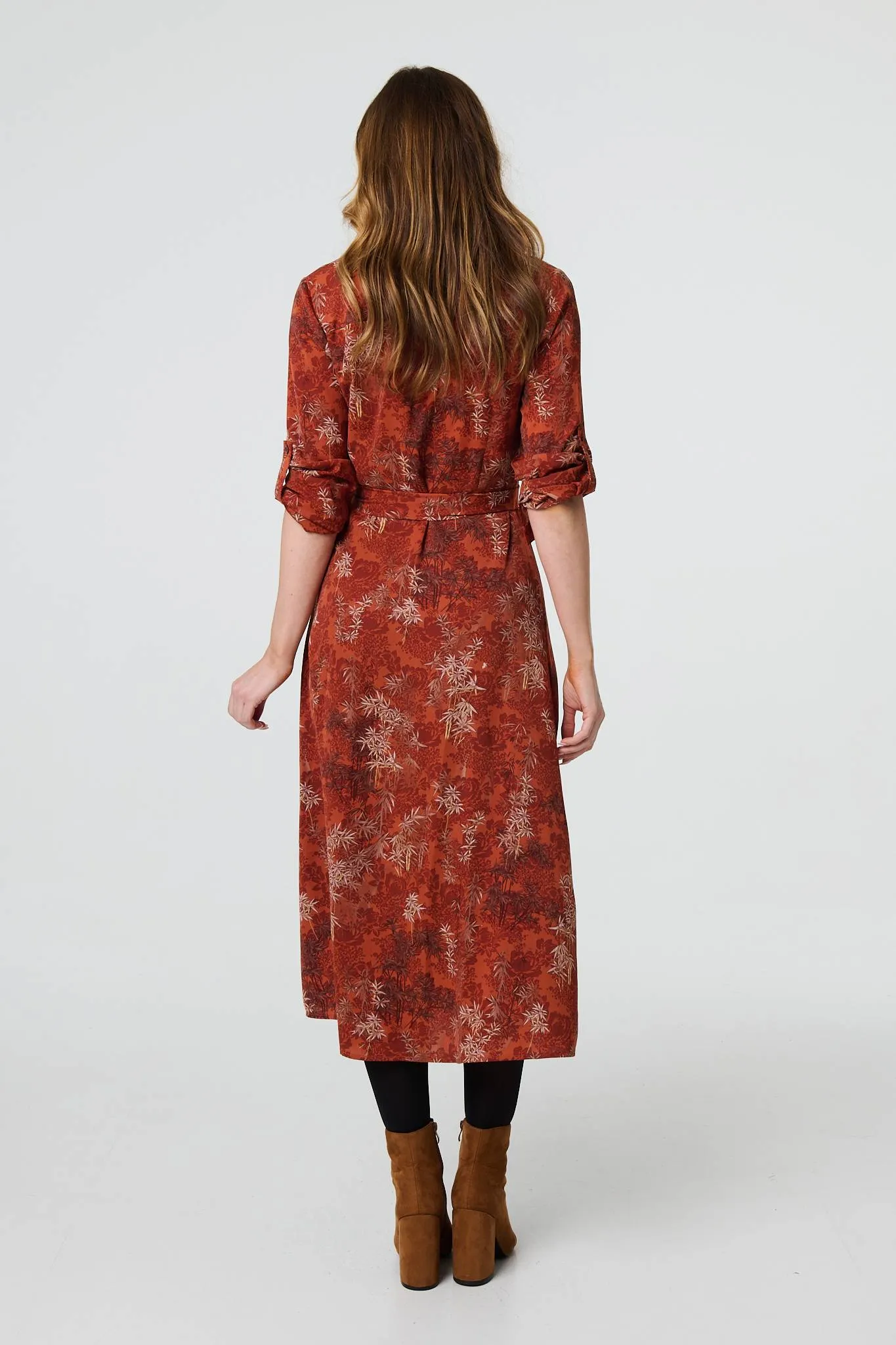 Leaf Print Tie Waist Midi Shirt Dress