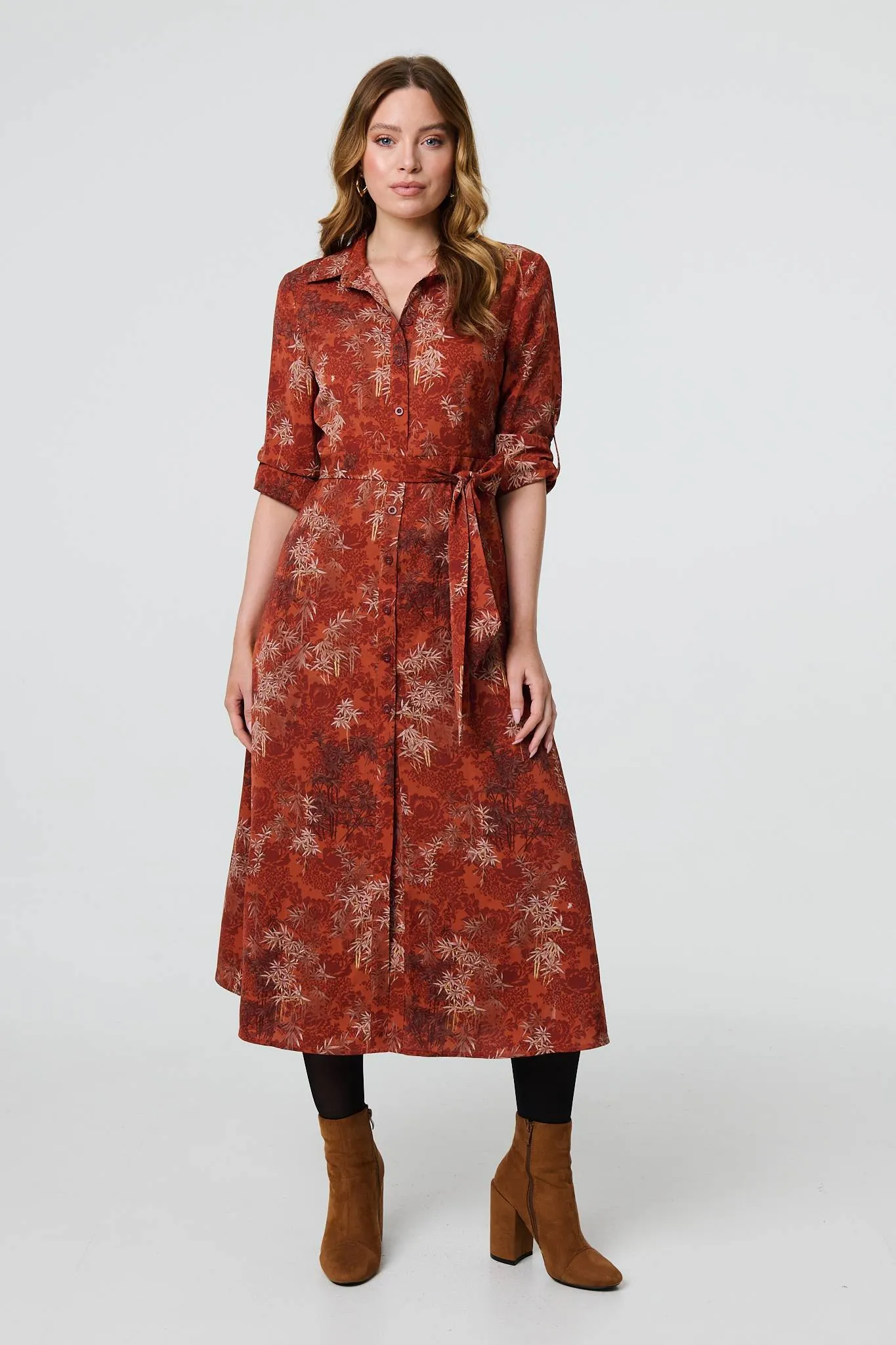 Leaf Print Tie Waist Midi Shirt Dress