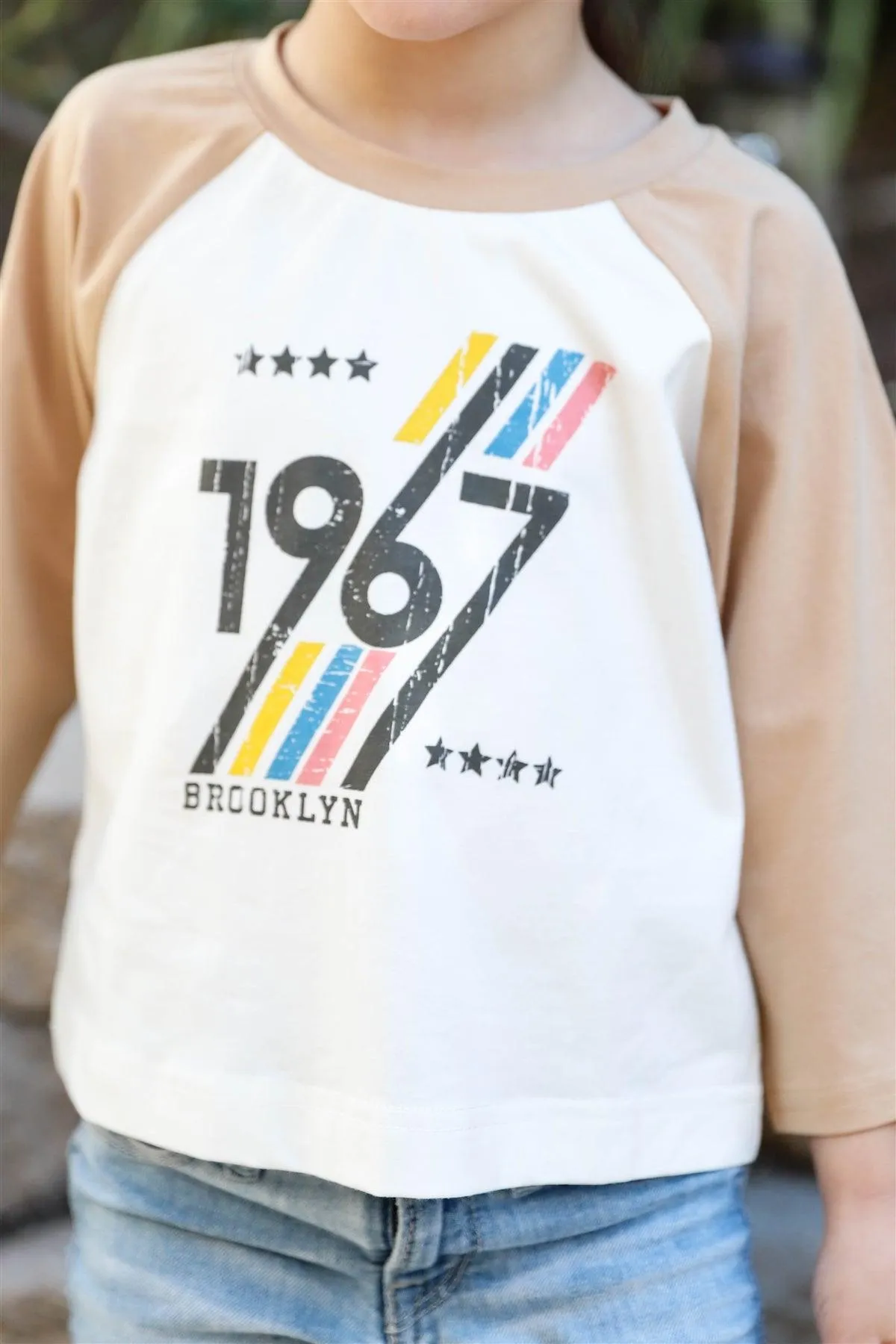 Little Toddler Girls Off-White Colorblock "Brooklyn 1967" Print Long Sleeve Top