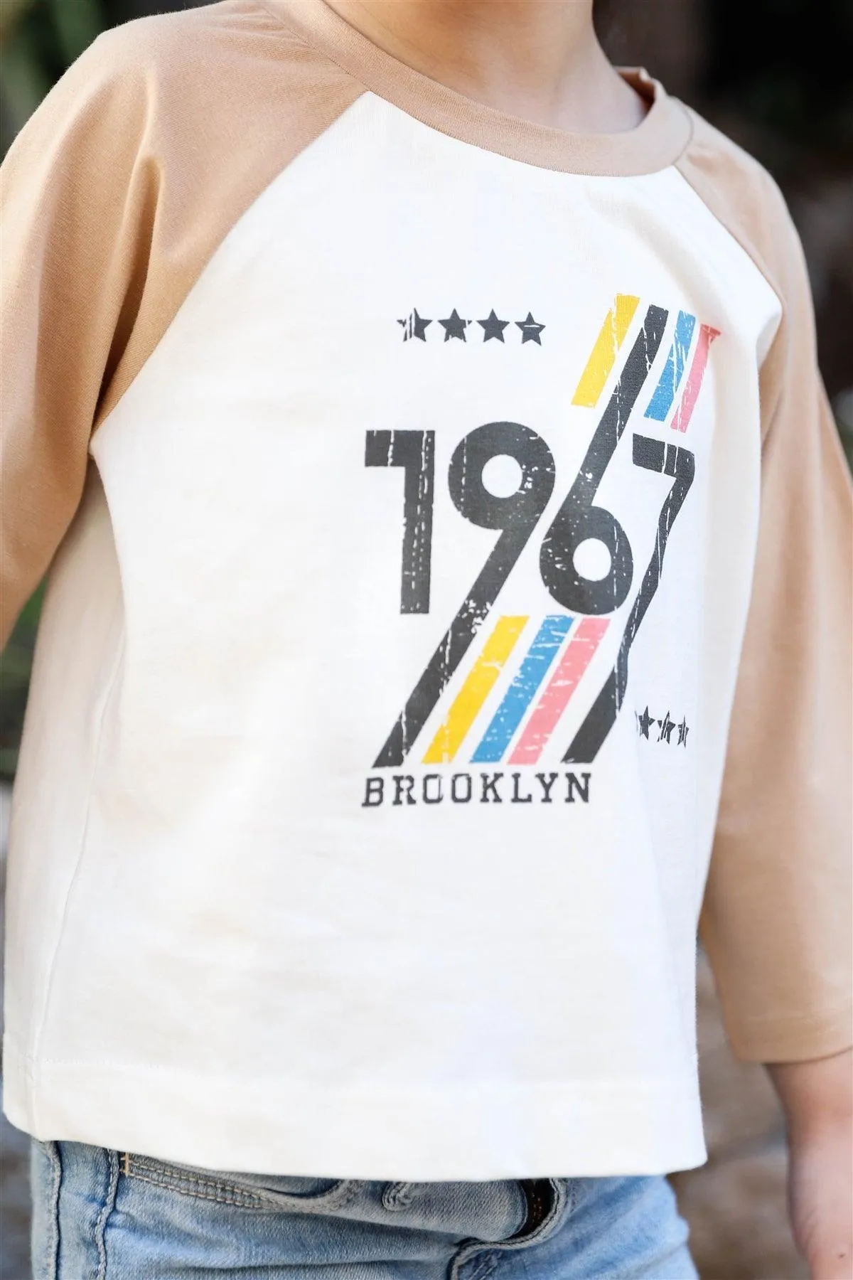 Little Toddler Girls Off-White Colorblock "Brooklyn 1967" Print Long Sleeve Top