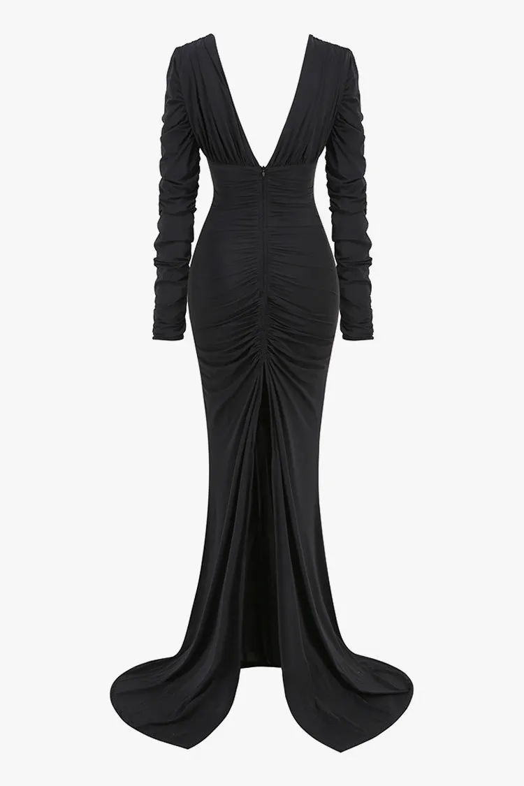 Luxury Plunge Neck Long Sleeve Split Ruched Mermaid Evening Maxi Dress