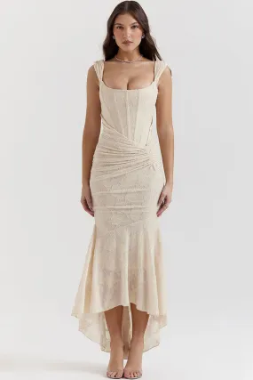 Luxury Textured Floral Ruched Corset Sleeveless Fishtail Evening Dress - Cream