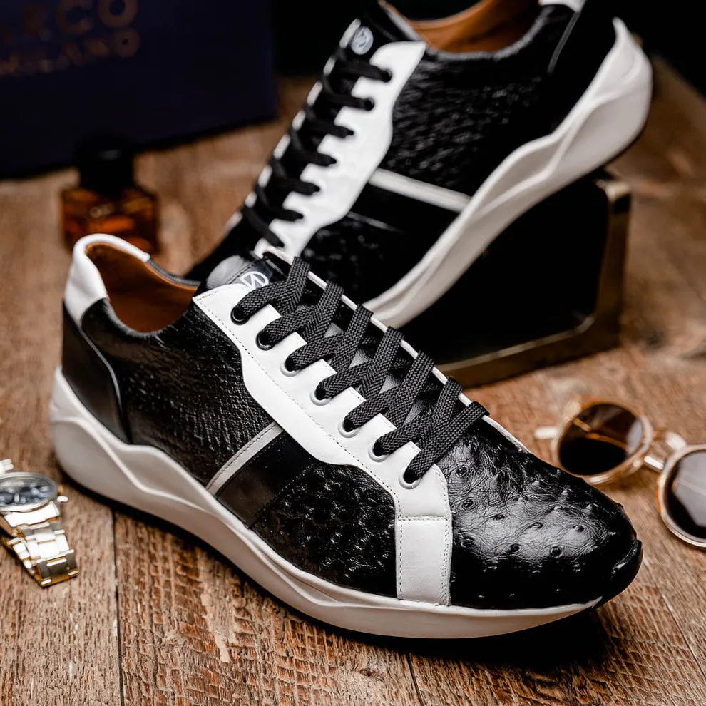 Marco Di Milano Lyon II Men's Shoes Black & White Calf-Skin / Ostrich Leg Casual Sneakers (MDM1070)