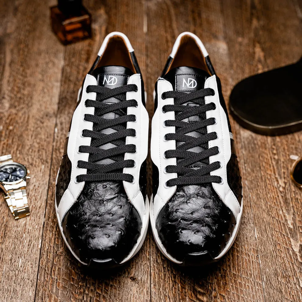 Marco Di Milano Lyon II Men's Shoes Black & White Calf-Skin / Ostrich Leg Casual Sneakers (MDM1070)