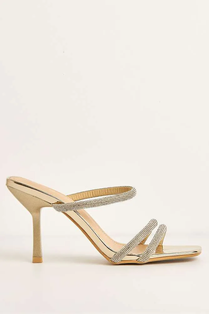 Meiria 3 Diamante Strap High Heel Mules in Gold