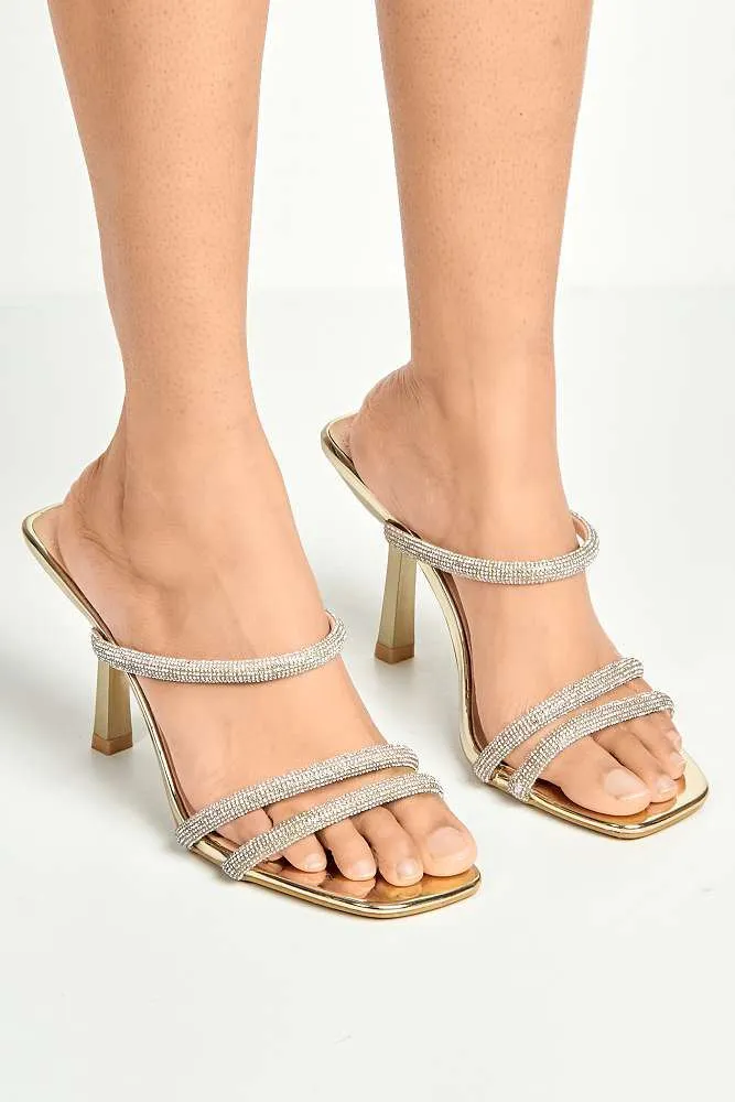 Meiria 3 Diamante Strap High Heel Mules in Gold