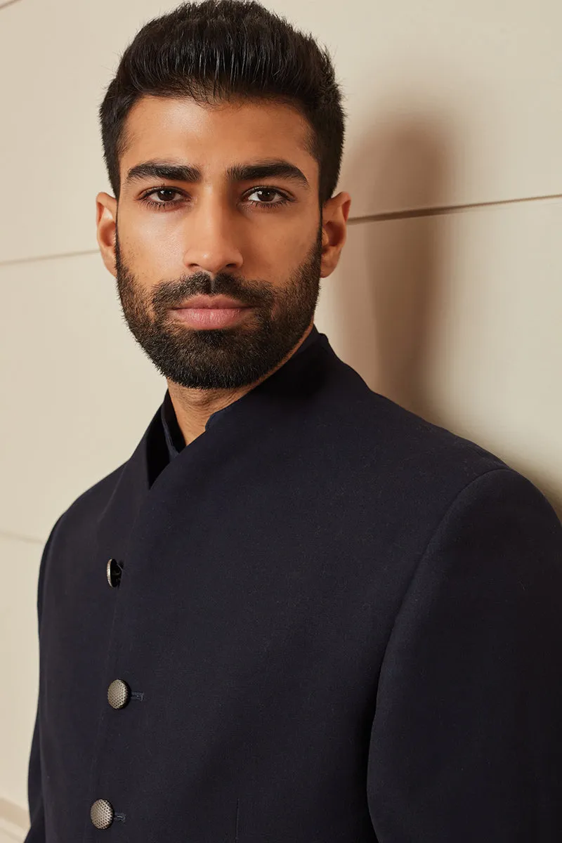 Navy Plain Stretch Bandhgala With Built Up Neck