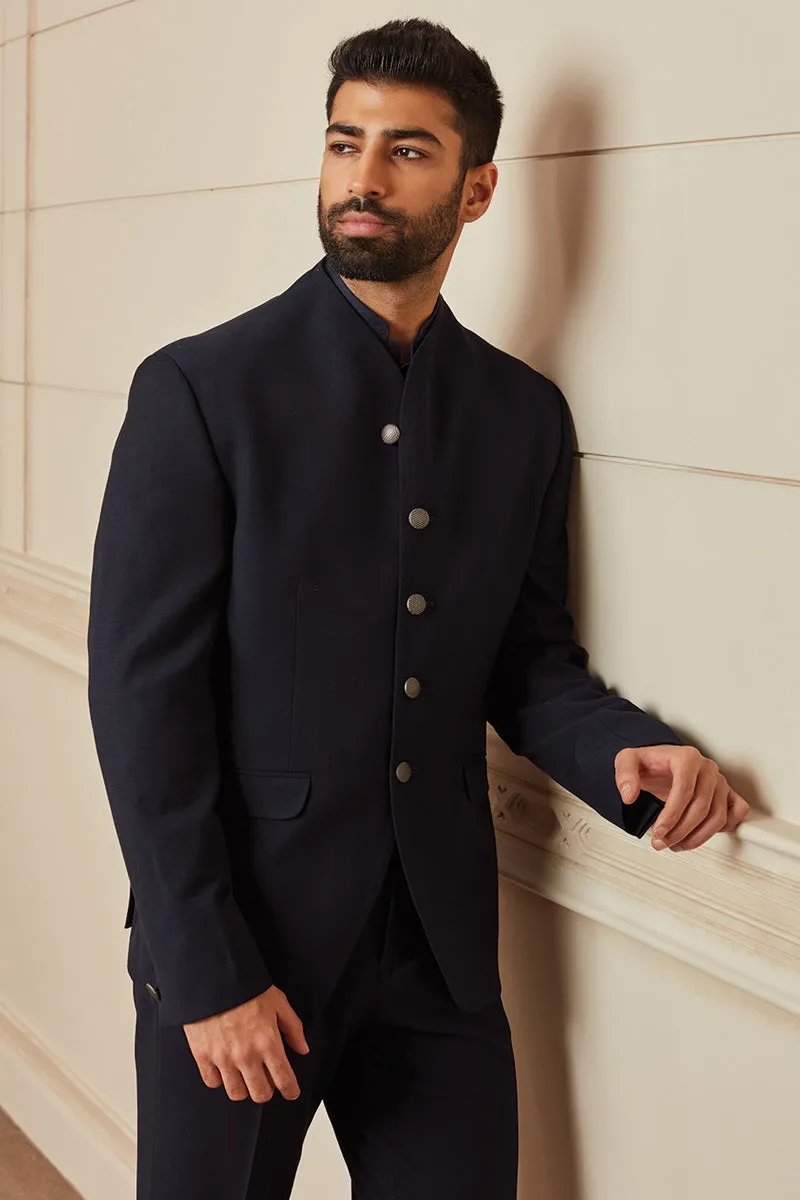 Navy Plain Stretch Bandhgala With Built Up Neck