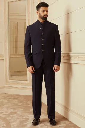 Navy Plain Stretch Bandhgala With Built Up Neck