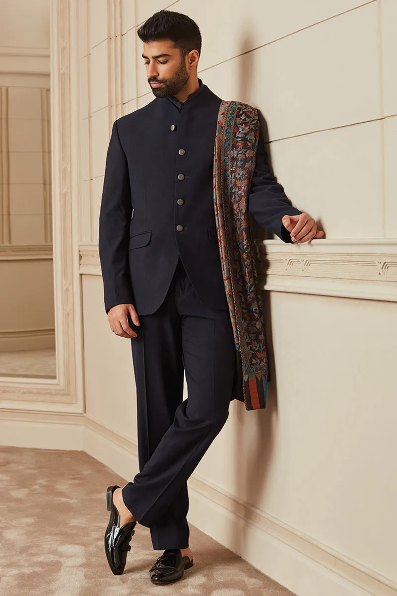 Navy Plain Stretch Bandhgala With Built Up Neck