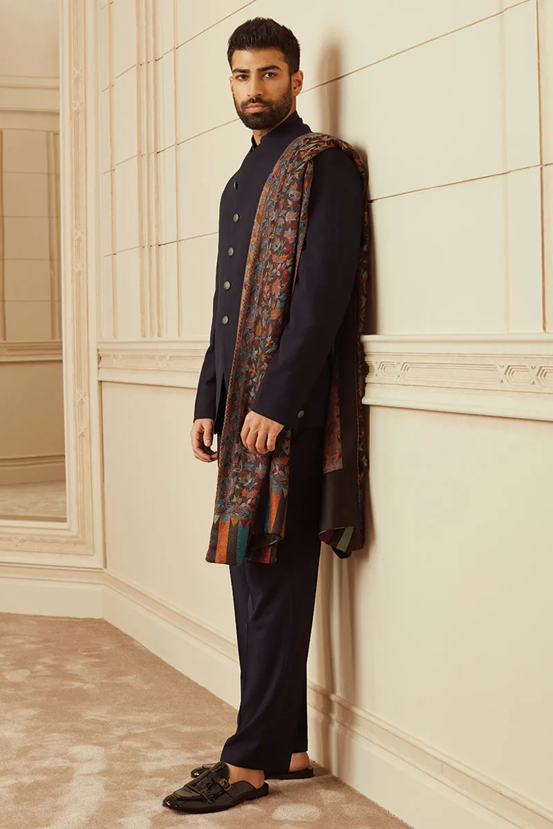 Navy Plain Stretch Bandhgala With Built Up Neck