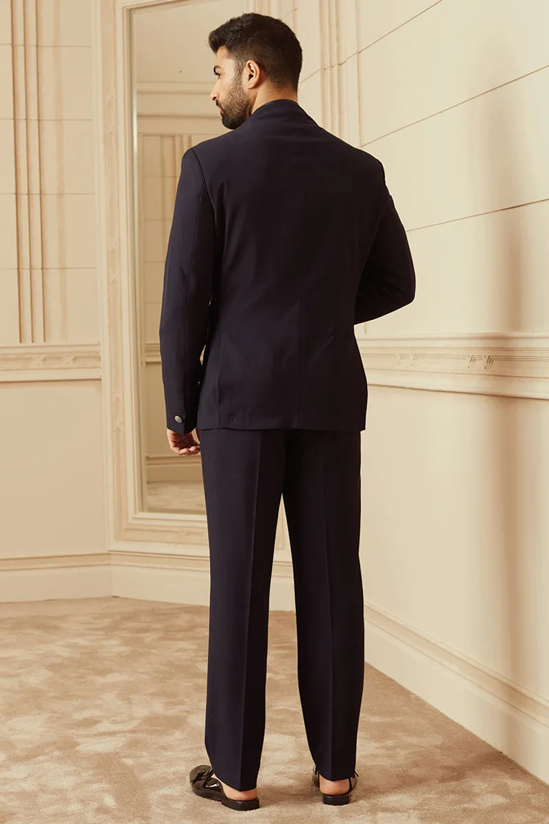 Navy Plain Stretch Bandhgala With Built Up Neck