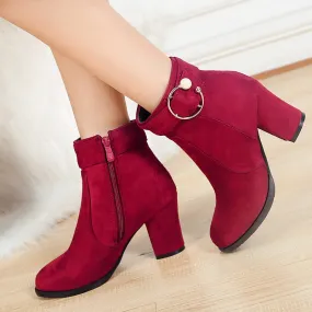 Round toe block heels booties with ankle buckle strap