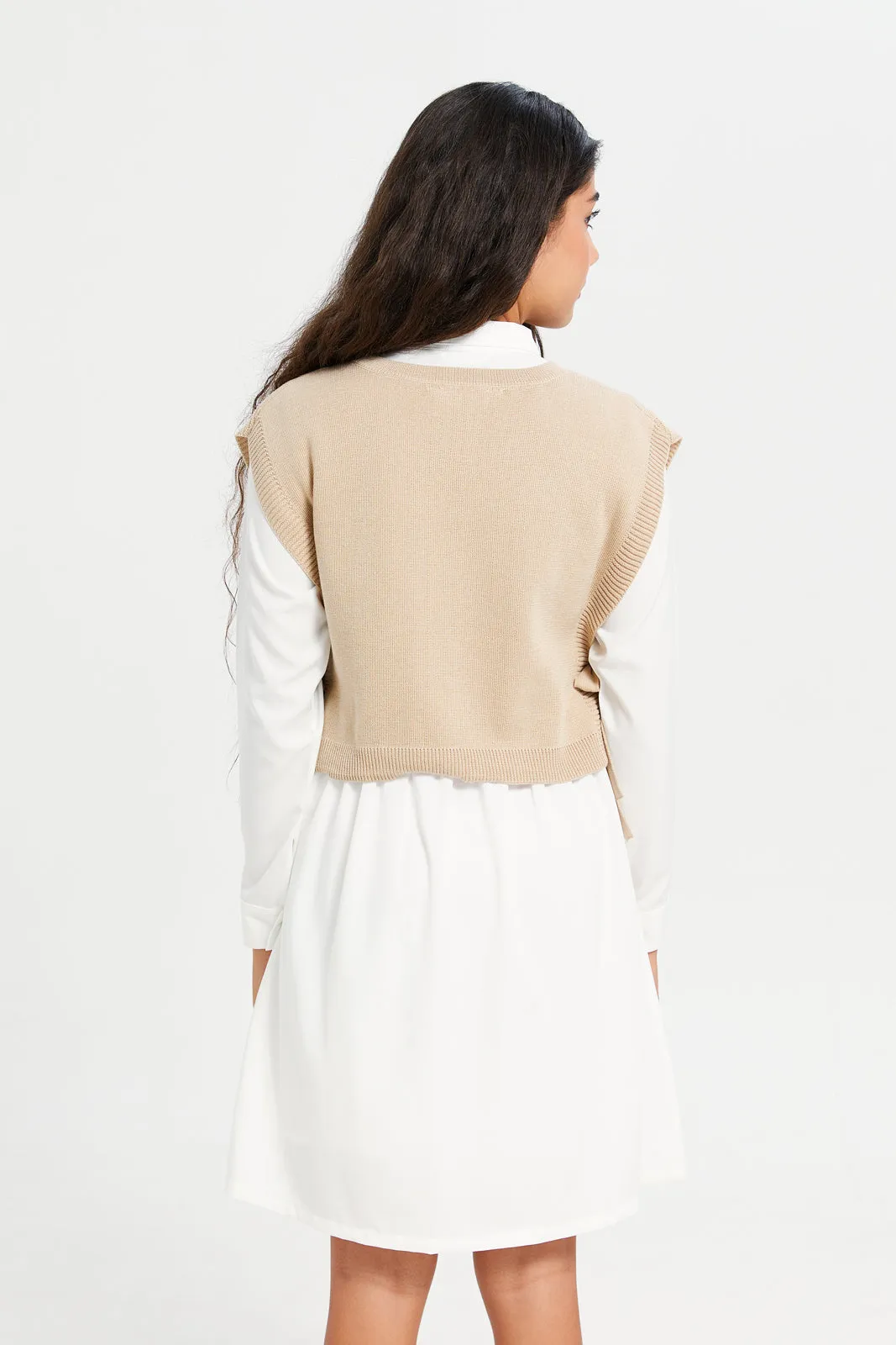 Senior Girls White And Beige Shirt Dress