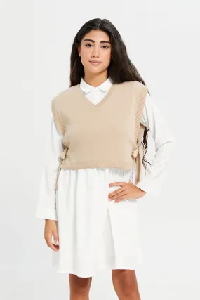 Senior Girls White And Beige Shirt Dress